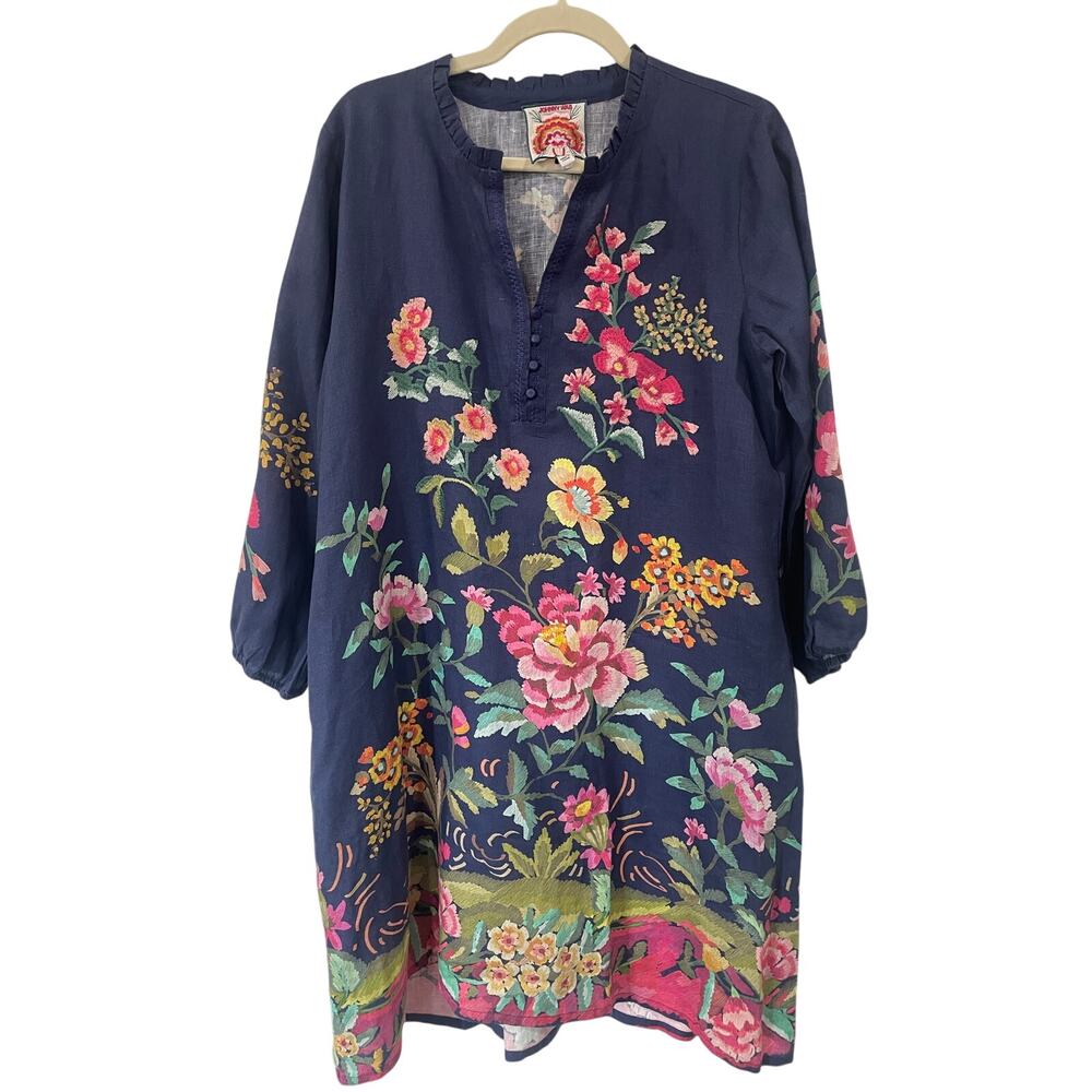 Johnny Was Navy Floral Embroidered Linen Tunic Dress Size M